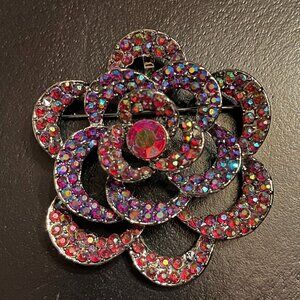 Vintage Red Aurora Borealis Rhinestone Floral Stencil Brooch